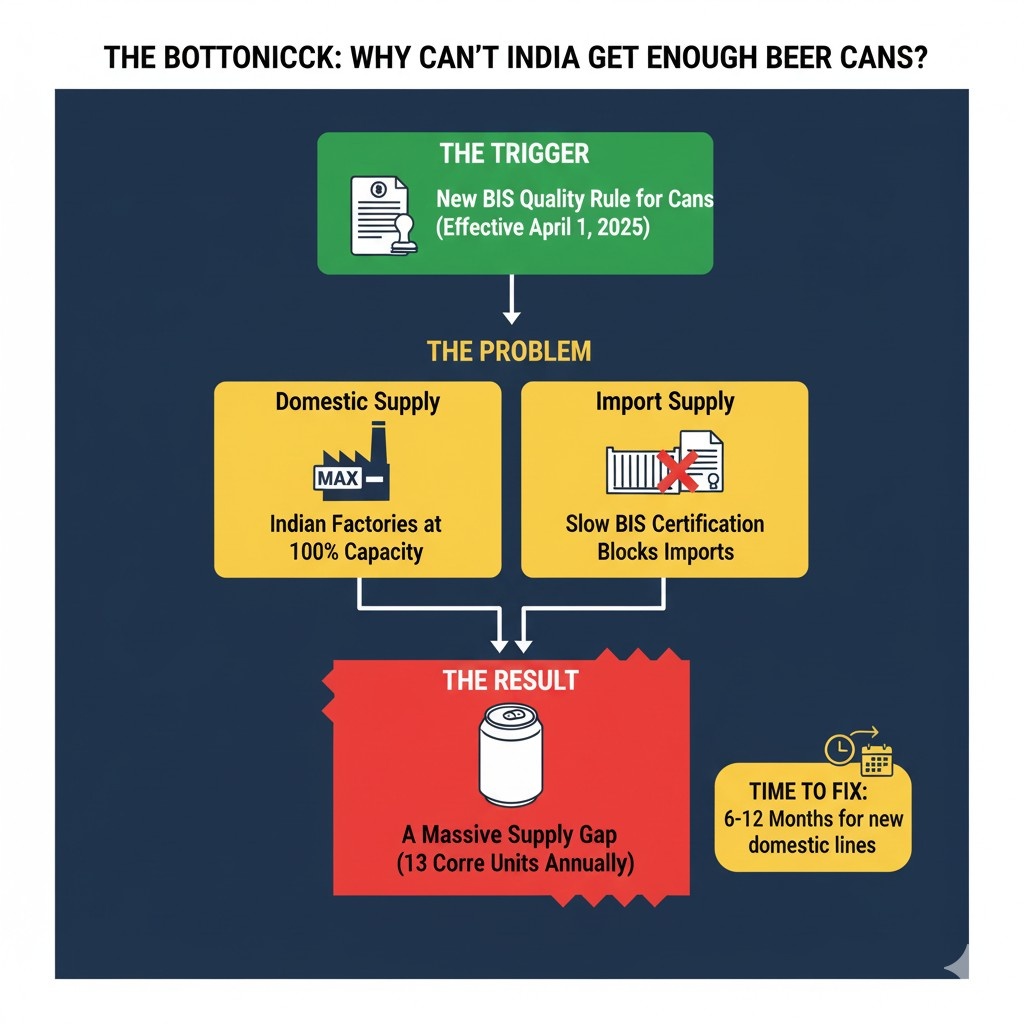 Bottleneck: Why Cant India Get Enough Beer Can Beer Can Shortage Flowchart: New Rule, Factory Limits, Import Block, Supply Gap